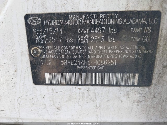 2015 Hyundai Sonata Se მანქანა იყიდება აუქციონზე, vin: 5NPE24AF5FH086251, აუქციონის ნომერი: 45343860
