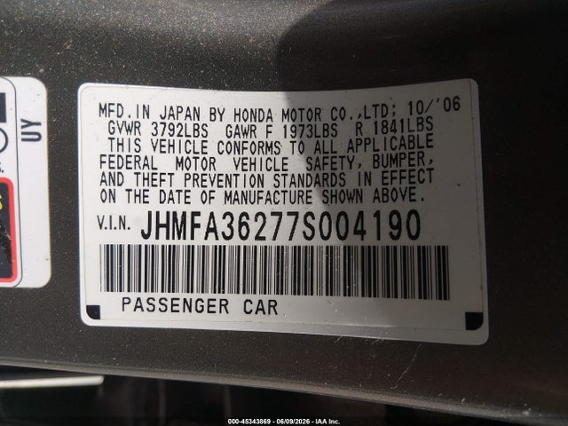 Auction sale of the 2007 Honda Civic Hybrid, vin: JHMFA36277S004190, lot number: 45343869