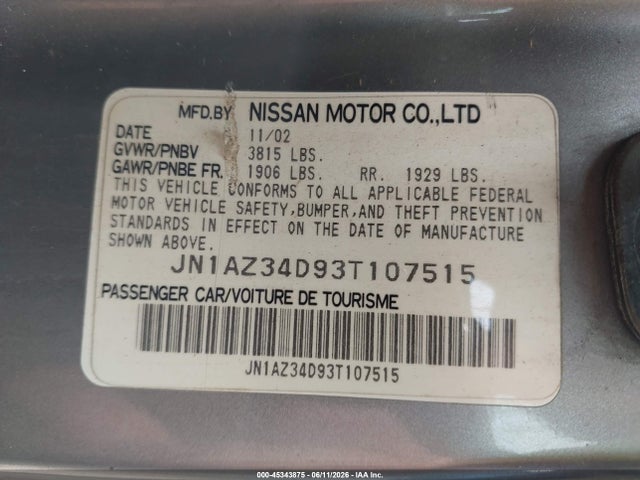 2003 Nissan 350z Touring მანქანა იყიდება აუქციონზე, vin: JN1AZ34D93T107515, აუქციონის ნომერი: 45343875