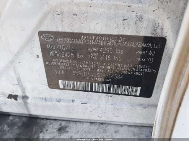45343877 :رقم المزاد ، 5NPEB4AC6DH714384 vin ، 2013 Hyundai Sonata Gls مزاد بيع