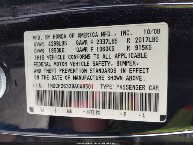 45343882 :رقم المزاد ، 1HGCP26339A049501 vin ، 2009 Honda Accord 2.4 Lx مزاد بيع