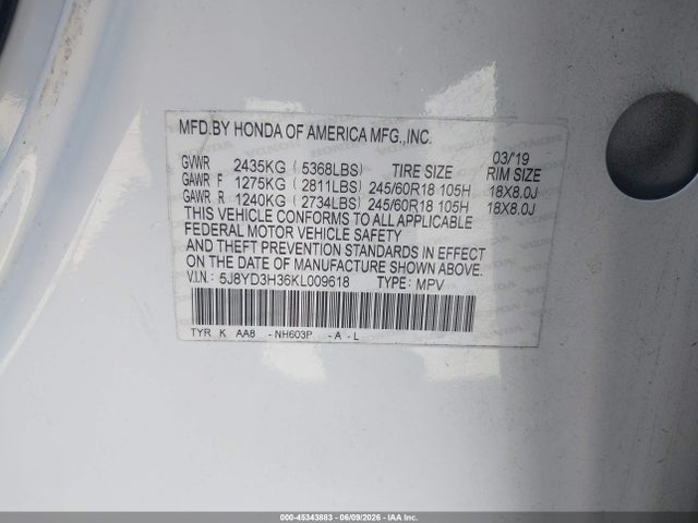 45343883 :رقم المزاد ، 5J8YD3H36KL009618 vin ، 2019 Acura Mdx Standard مزاد بيع