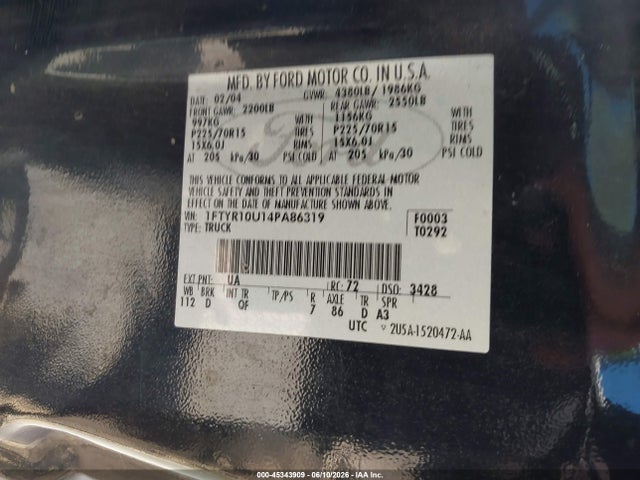 Aukcja sprzedaży 2004 Ford Ranger Edge/xl/xlt, vin: 1FTYR10U14PA86319, numer aukcji: 45343909