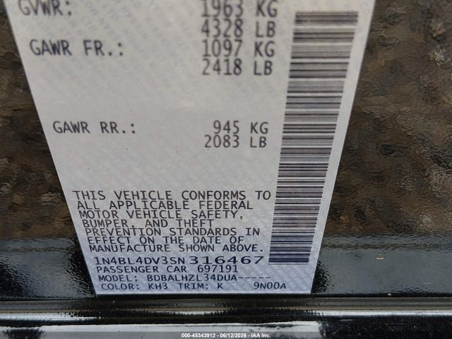 45343912 :رقم المزاد ، 1N4BL4DV3SN316467 vin ، 2025 Nissan Altima Sv Fwd مزاد بيع