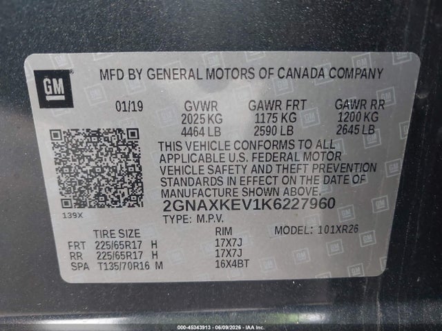 Aukcja sprzedaży 2019 Chevrolet Equinox Lt, vin: 2GNAXKEV1K6227960, numer aukcji: 45343913