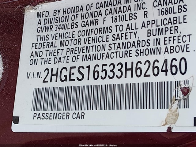 45343914 :رقم المزاد ، 2HGES16533H626460 vin ، 2003 Honda Civic Lx مزاد بيع