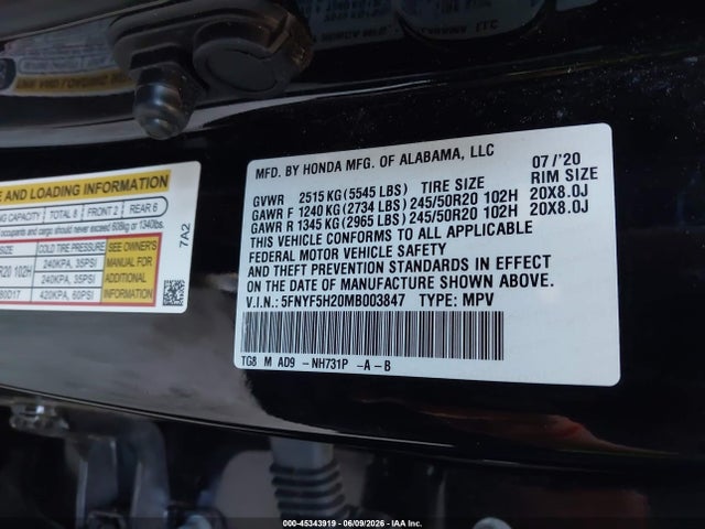 2021 Honda Pilot 2wd Special Edition მანქანა იყიდება აუქციონზე, vin: 5FNYF5H20MB003847, აუქციონის ნომერი: 45343919