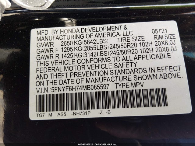 Honda Pilot Awd Black Edition 2021 5FNYF6H74MB085597 Image 9