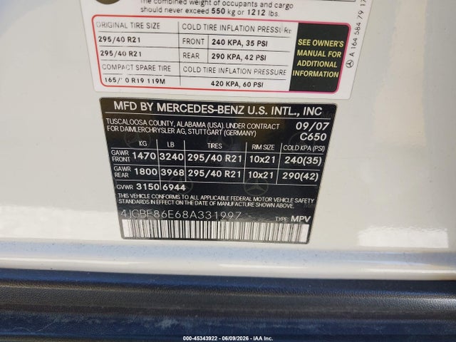 Aukcja sprzedaży 2008 Mercedes-benz Gl-class 5.5l, vin: 4JGBF86E68A331997, numer aukcji: 45343922