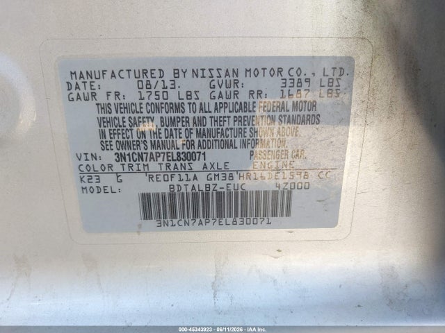 Продажа на аукционе авто 2014 Nissan Versa 1.6 Sv, vin: 3N1CN7AP7EL830071, номер лота: 45343923