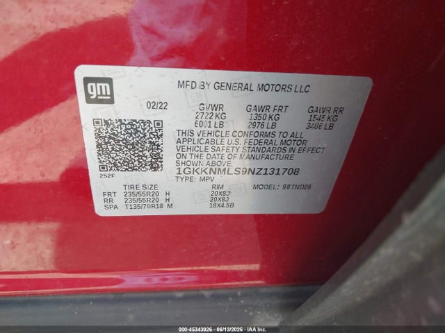 Aukcja sprzedaży 2022 Gmc Acadia Fwd Slt, vin: 1GKKNMLS9NZ131708, numer aukcji: 45343926