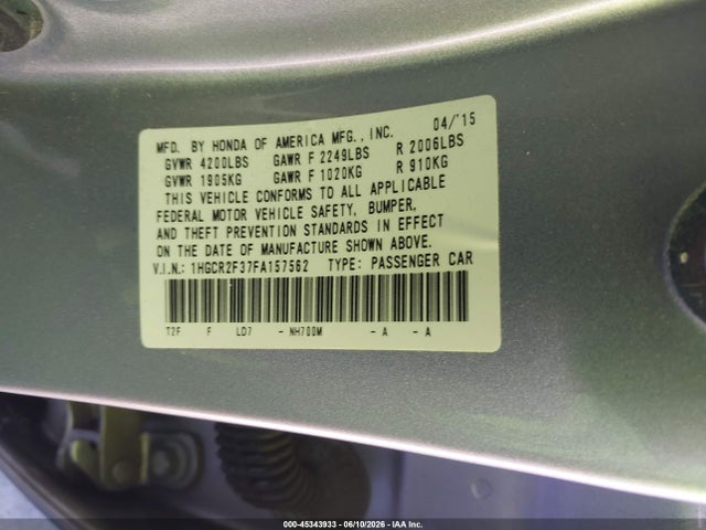 45343933 :رقم المزاد ، 1HGCR2F37FA157562 vin ، 2015 Honda Accord Lx مزاد بيع