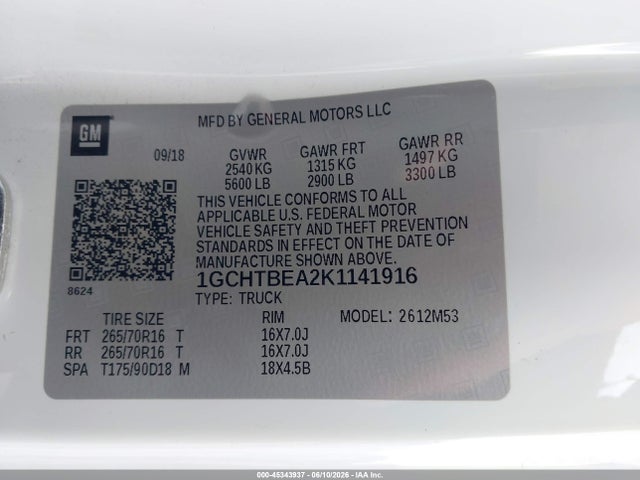 Aukcja sprzedaży 2019 Chevrolet Colorado Wt, vin: 1GCHTBEA2K1141916, numer aukcji: 45343937