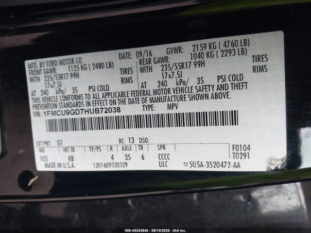 Aukcja sprzedaży 2017 Ford Escape Se, vin: 1FMCU9GD7HUB72038, numer aukcji: 45343948