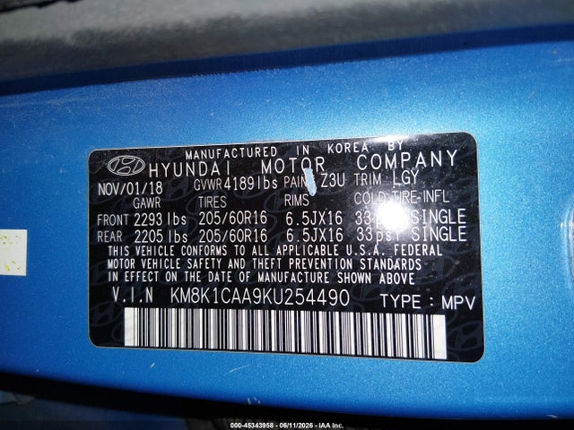 2019 Hyundai Kona Se მანქანა იყიდება აუქციონზე, vin: KM8K1CAA9KU254490, აუქციონის ნომერი: 45343958