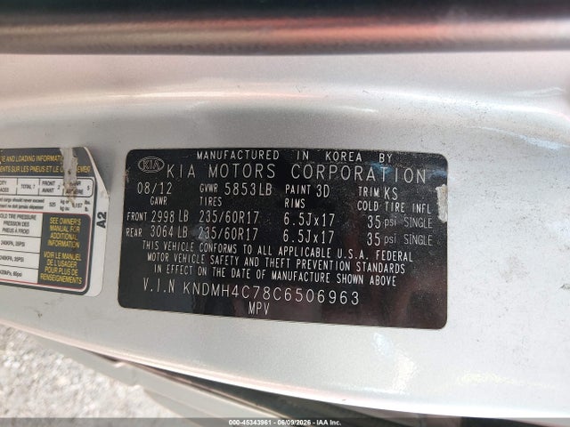 2012 Kia Sedona Ex მანქანა იყიდება აუქციონზე, vin: KNDMH4C78C6506963, აუქციონის ნომერი: 45343961
