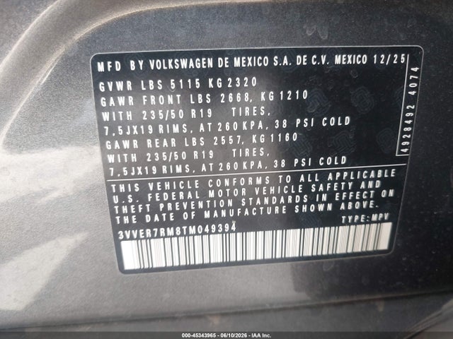 45343965 :رقم المزاد ، 3VVER7RM8TM049394 vin ، 2026 Volkswagen Tiguan Se مزاد بيع