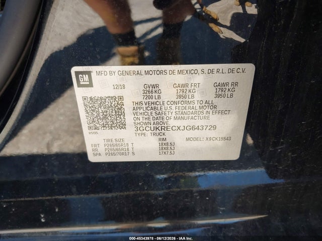 Продаж на аукціоні авто 2018 Chevrolet Silverado 1500 2lt, vin: 3GCUKRECXJG643729, номер лоту: 45343978