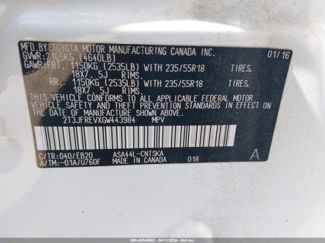 Aukcja sprzedaży 2016 Toyota Rav4 Se, vin: 2T3JFREVXGW443984, numer aukcji: 45343982