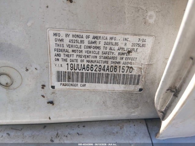 45343996 :رقم المزاد ، 19UUA66294A061570 vin ، 2004 Acura Tl مزاد بيع