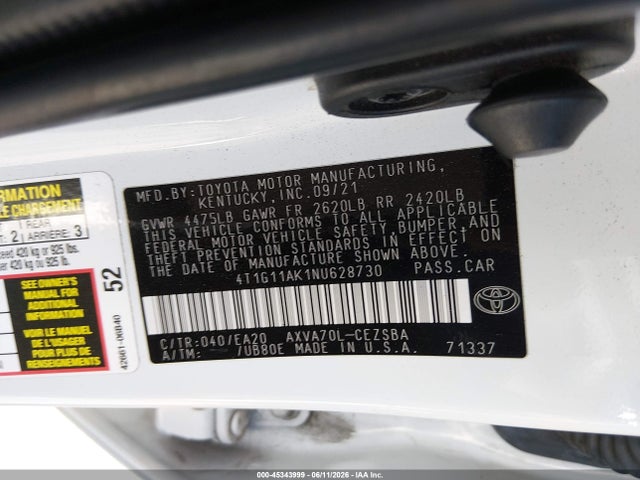 4T1G11AK1NU628730 Toyota CAMRY SE