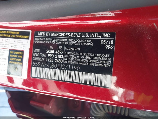 2018 Mercedes-benz C 300 მანქანა იყიდება აუქციონზე, vin: 55SWF4JB0JU271190, აუქციონის ნომერი: 45344002