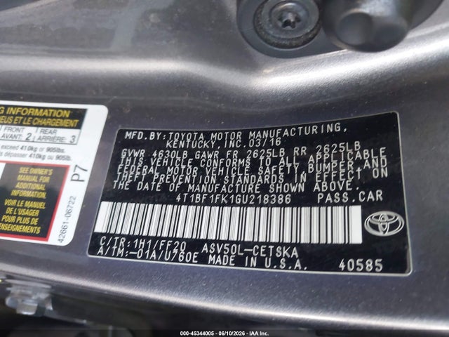 Aukcja sprzedaży 2016 Toyota Camry Se, vin: 4T1BF1FK1GU218386, numer aukcji: 45344005