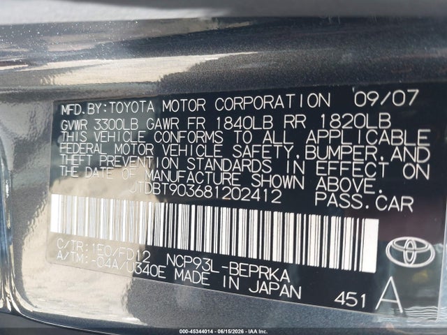 Продаж на аукціоні авто 2008 Toyota Yaris, vin: JTDBT903681202412, номер лоту: 45344014
