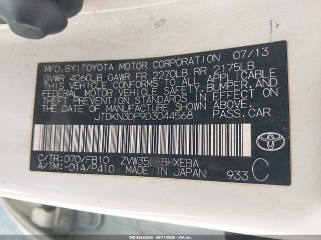 45344030 :رقم المزاد ، JTDKN3DP9D3044568 vin ، 2013 Toyota Prius Plug-in مزاد بيع