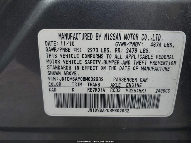 Aukcja sprzedaży 2011 Infiniti G25, vin: JN1DV6AP0BM602932, numer aukcji: 45344040