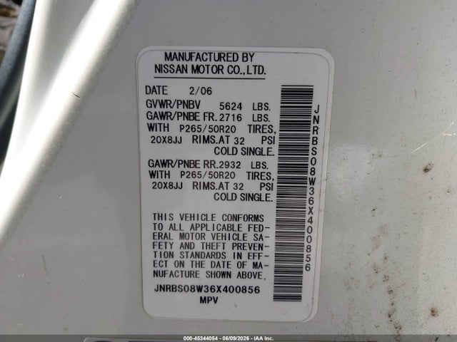 Aukcja sprzedaży 2006 Infiniti Fx45, vin: JNRBS08W36X400856, numer aukcji: 45344054