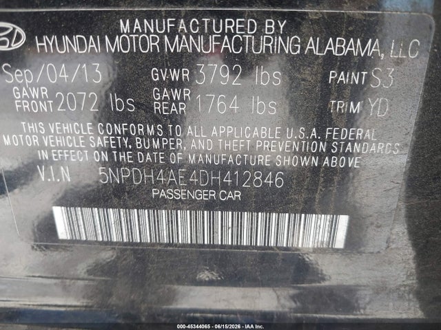 45344065 :رقم المزاد ، 5NPDH4AE4DH412846 vin ، 2013 Hyundai Elantra Gls مزاد بيع