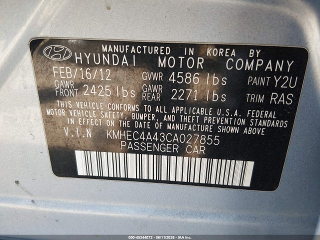 Aukcja sprzedaży 2012 Hyundai Sonata Hybrid, vin: KMHEC4A43CA027855, numer aukcji: 45344072