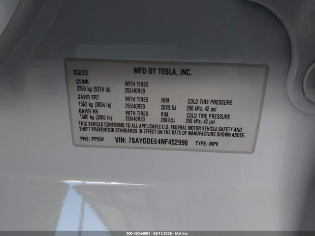 45344081 :رقم المزاد ، 7SAYGDEE4NF402996 vin ، 2022 Tesla Model Y Long Range Dual Motor All-wheel Drive مزاد بيع