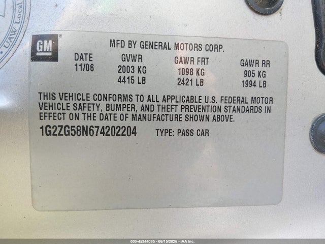 Aukcja sprzedaży 2007 Pontiac G6, vin: 1G2ZG58N674202204, numer aukcji: 45344095