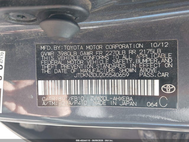 Aukcja sprzedaży 2013 Toyota Prius Five/four/three/three Se/two, vin: JTDKN3DU2D5540659, numer aukcji: 45344110