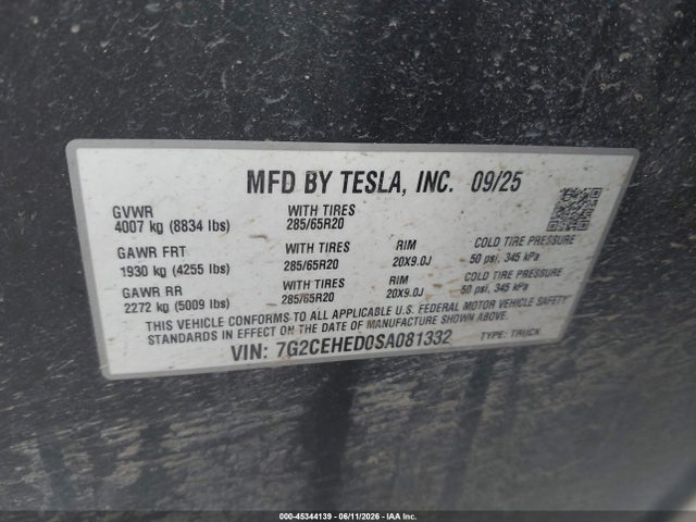Продаж на аукціоні авто 2025 Tesla Cybertruck All-wheel Drive, vin: 7G2CEHED0SA081332, номер лоту: 45344139