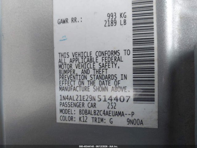 Aukcja sprzedaży 2009 Nissan Altima 2.5 S, vin: 1N4AL21E29N514407, numer aukcji: 45344145