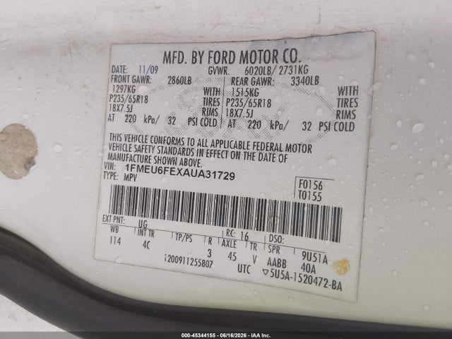 Продаж на аукціоні авто 2010 Ford Explorer Limited, vin: 1FMEU6FEXAUA31729, номер лоту: 45344155