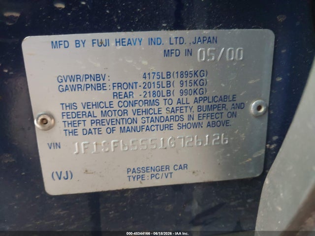 45344166 :رقم المزاد ، JF1SF65551G726126 vin ، 2001 Subaru Forester S مزاد بيع