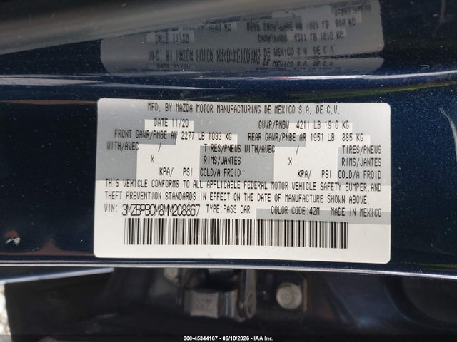 45344167 :رقم المزاد ، 3MZBPBCM8MM208867 vin ، 2021 Mazda Mazda3 Preferred مزاد بيع