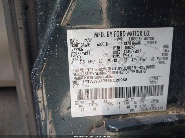 Aukcja sprzedaży 2006 Ford F-350 Lariat/xl/xlt, vin: 1FTWW33P86EC20968, numer aukcji: 45344181