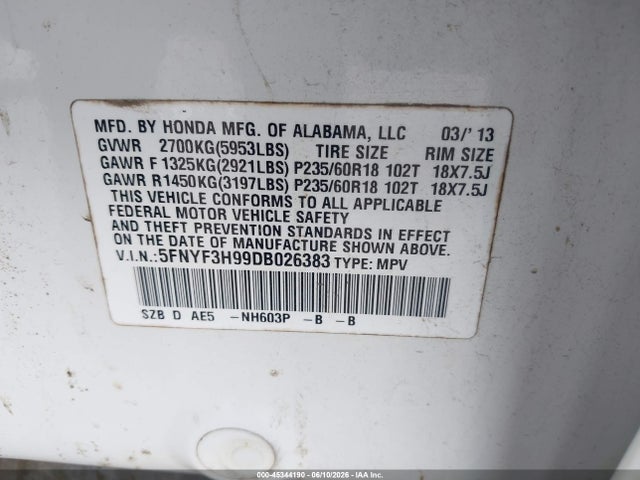 Aukcja sprzedaży 2013 Honda Pilot Touring, vin: 5FNYF3H99DB026383, numer aukcji: 45344190