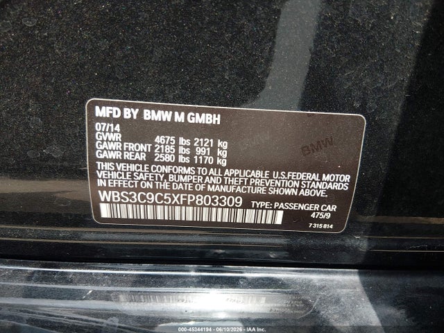 45344194 :رقم المزاد ، WBS3C9C5XFP803309 vin ، 2015 Bmw M3 مزاد بيع