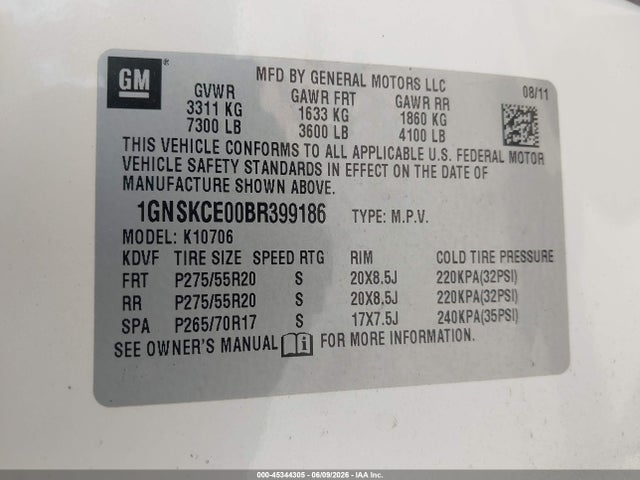 45344305 :رقم المزاد ، 1GNSKCE00BR399186 vin ، 2011 Chevrolet Tahoe Ltz مزاد بيع