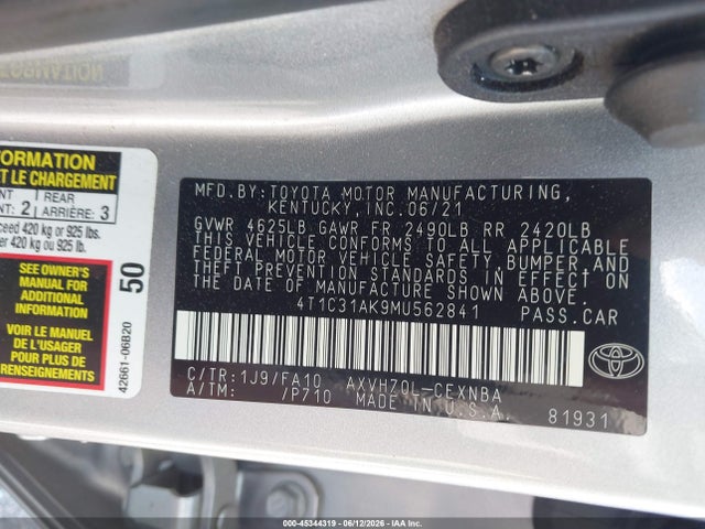 Aukcja sprzedaży 2021 Toyota Camry Le Hybrid, vin: 4T1C31AK9MU562841, numer aukcji: 45344319