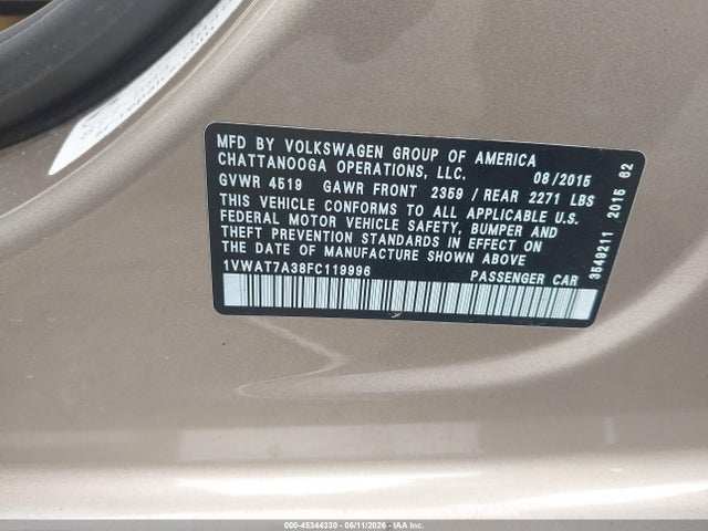 Aukcja sprzedaży 2015 Volkswagen Passat 1.8t Limited Edition, vin: 1VWAT7A38FC119996, numer aukcji: 45344330
