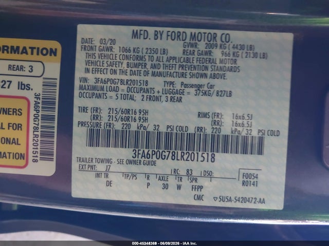 Ford FUSION S 2020 3FA6P0G78LR201518 Image 9