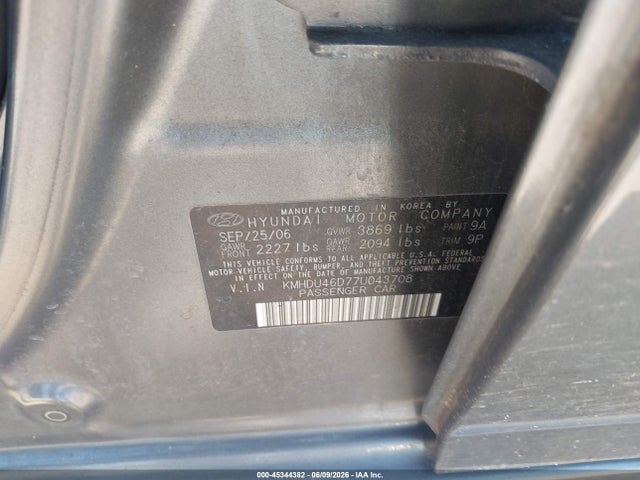45344382 :رقم المزاد ، KMHDU46D77U043708 vin ، 2007 Hyundai Elantra Gls/limited/ltd/se مزاد بيع