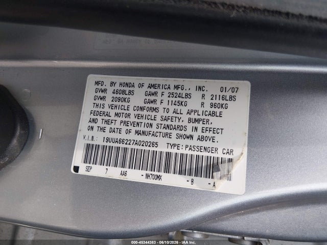 Aukcja sprzedaży 2007 Acura Tl 3.2, vin: 19UUA66227A020265, numer aukcji: 45344383